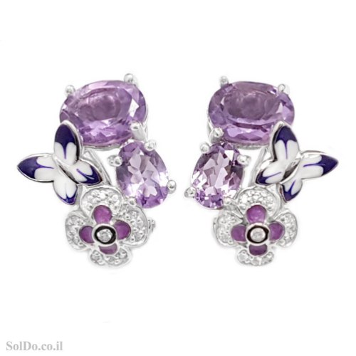 עגילים מכסף משובצים אבני אמטיסט סגול, שילוב אמייל ואבני זרקון A9022 | תכשיטי כסף