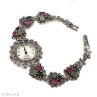 שעון מכסף מעוצב משובץ מרקזטים ואבני אמרלד, רובי וספיר SH3265 | תכשיטי כסף