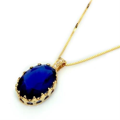 שרשרת ותליון זהב צהוב 14K משובץ יהלומים 0.03 קראט ואבן חן ספיר זרקון