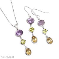 עגילים ותליון מכסף משובצים אבני אמטיסט, סיטרין ופרידוט S1731