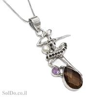תליון מכסף מעוצב בצורת רקדנית בשילוב אבני סמוקי קוורץ, אמטיסט ופנינה T6060