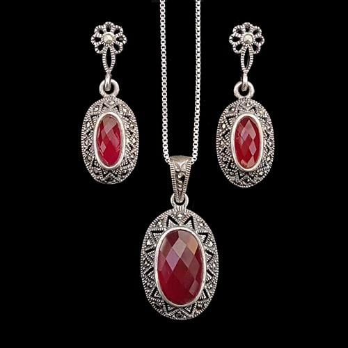 עגילים ותליון כסף משובצים מרקזטים ואבני רובי קוורץ S1506 | תכשיטי כסף 925 | עגילי כסף | שרשרת כסף