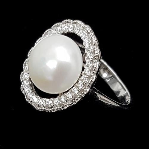 טבעת כסף משובצת פנינה לבנה וזרקונים RG1480 | תכשיטי כסף 925 | טבעות כסף