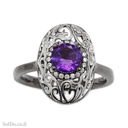 טבעת מכסף משובצת אבן אמטיסט ואבני זרקון RG9020 | תכשיטי כסף 925 | טבעות כסף