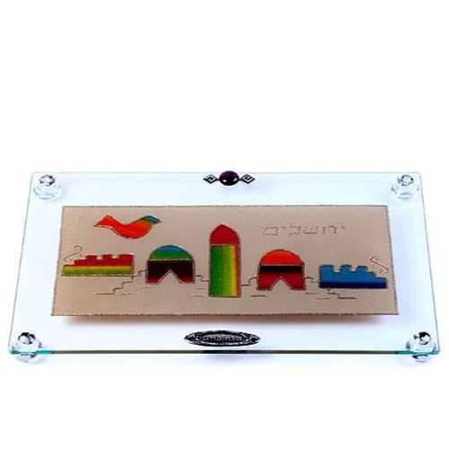 קרש חיתוך / מגש מלבני ירושלים גווני כחול עם רגליות אקריל