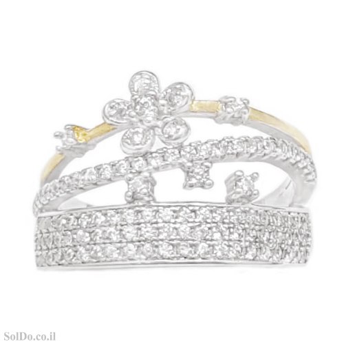 טבעת מכסף רחבה משובצת אבני זרקון ושילוב גולדפילד RG6355 | תכשיטי כסף | טבעות כסף