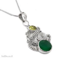תליון מכסף משובץ אבן אגת צבע ירוק ואבן פרידוט T6142 | תכשיטי כסף