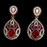 עגילי כסף סגנון ויקטוריאני, משובצים רובי קוורץ ואבני זרקון לבנות  A1557 | תכשיטי כסף 925