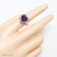 טבעת מכסף לב משובצת אבן אמטיסט ואבני טנזנית RG6301 | תכשיטי כסף 925 | טבעות כסף