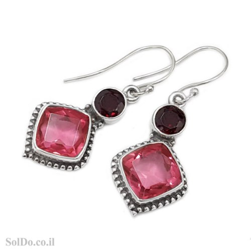 עגילים מכסף מעוצבים בשילוב אבני זרקון צבע ורוד ואבני גרנט  A8914 | תכשיטי כסף | עגילי כסף