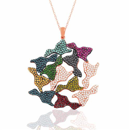 תליון ושרשרת כסף בשיבוץ זירקונים ואבני חן