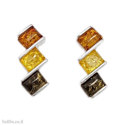 עגילים מכסף מעוצבים בשילוב ענבר בלטי אמיתי  מיקס צבעים A8975