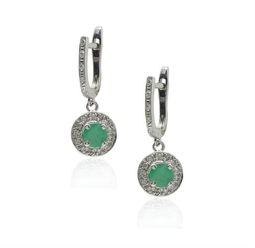 עגילי זהב לבן נתלים עם יהלומים ואבן אמרלד טבעית