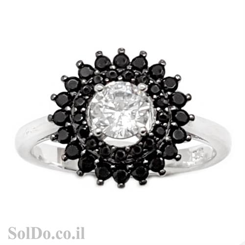 טבעת מכסף משובצת אבן זרקון מרכזית ואבני זרקון שחורות RG6031 | תכשיטי כסף | טבעות כסף
