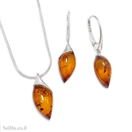 עגילים תלויים ותליון מכסף בשילוב ענברים צבע קוניאק S1707