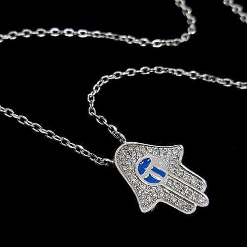 שרשרת כסף חמסה משובצת זרקונים T8039 | תכשיטי כסף