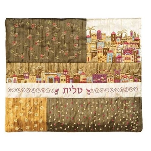 כיסוי לטלית רקום דגם פאצ'ים ירושלים חום