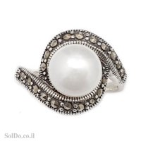 טבעת מכסף משובצת פנינה לבנה ומרקזטים RG8897