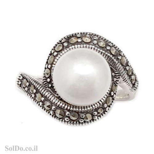 טבעת מכסף משובצת פנינה לבנה ומרקזטים RG8897