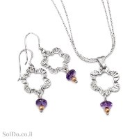 עגילים ותליון מכסף מעוצבים משובצים אבני אמטיסט S1730