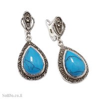 עגילים מכסף תלויים משובצים מרקזטים ואבני טורקיז  A8985 | תכשיטי כסף 925 | עגילי כסף