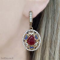 עגילים מכסף סגנון ויקטוריאני משובצים אבני זרקון צבעוניות וציפוי נחושת  A8839 | תכשיטי כסף 925