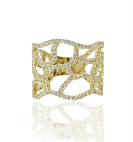 טבעת זהב מעוצבת בסגנון כוורת זהב משובצת זרקונים