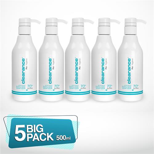 5 יחידות אלכוג'ל 500ML של חברת CLEARANCE מכיל 70% אלכוהול בתוספת ויטמין E, תמצית אלוורה בבקבוק