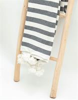 שמיכת פונפונים אפור לבן פסים S