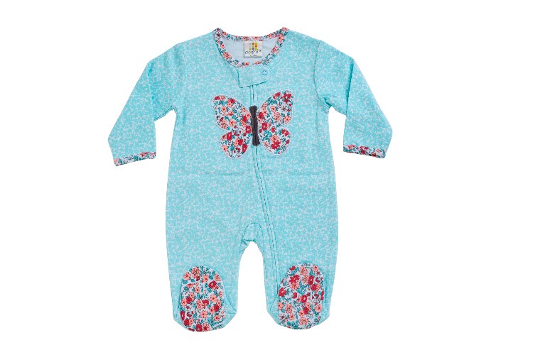 אוברול טריקו ארוך פרפר ופרחים תכלת