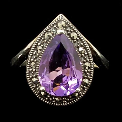 טבעת כסף משובצת מרקזטים ואבן אמטיסט סגולה RG1452 | תכשיטי כסף 925 | טבעות כסף