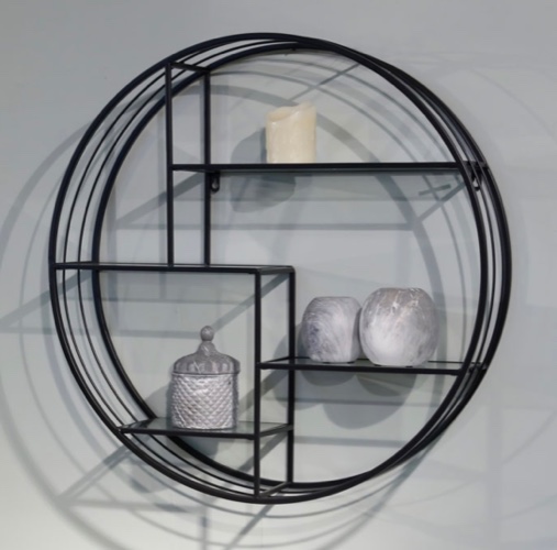 נישת מתכת עגולה שחור מדפי זכוכית