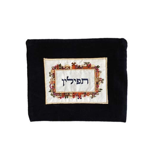 כיסוי תפילין  קטיפה + אפליקציה ירושלים - צבעוני