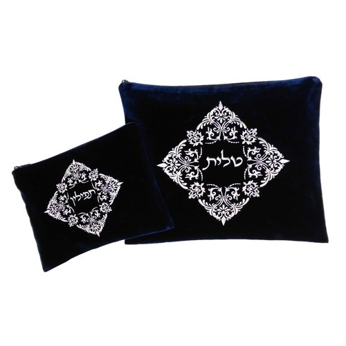 כיסוי לטלית ותפילין קטיפה כחולה מעויין כסף