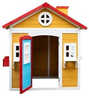 בית עץ לחצר עשוי מעץ אורן איכותי בצבעי עץ, אדמה ותכלת