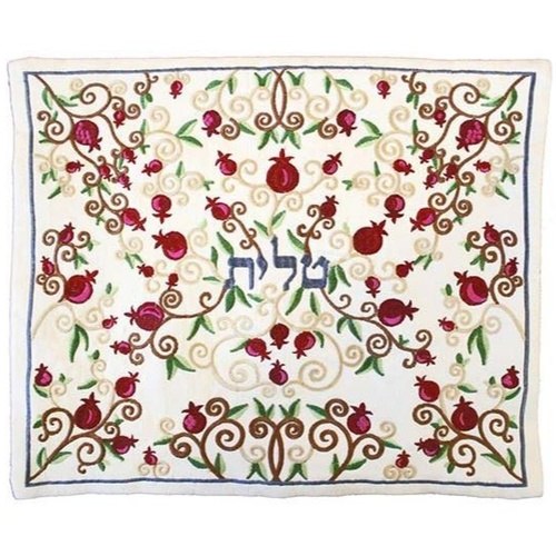 כיסוי לטלית רקום מכונה רימונים מלא לבן