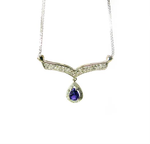 שרשרת זהב לבן 14 קרט משובץ אמטיסט ויהלומים 0.50 קראט