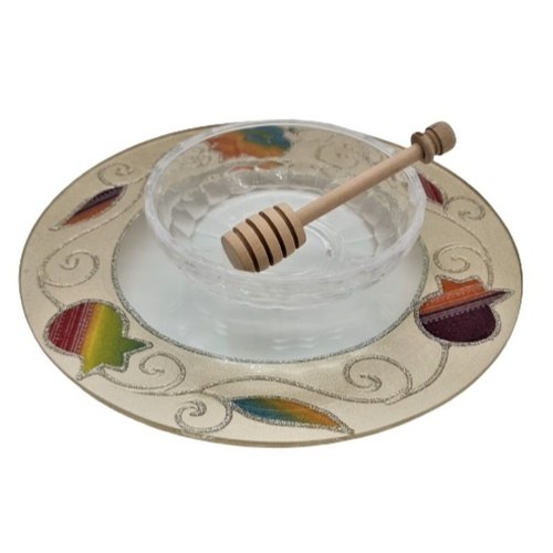 כלי לדבש עם רגלית זכוכית רימון צבעוני עבודת יד + רודה דבש עץ