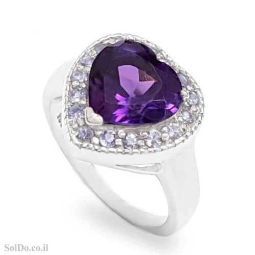 טבעת מכסף לב משובצת אבן אמטיסט ואבני טנזנית RG6301 | תכשיטי כסף 925 | טבעות כסף