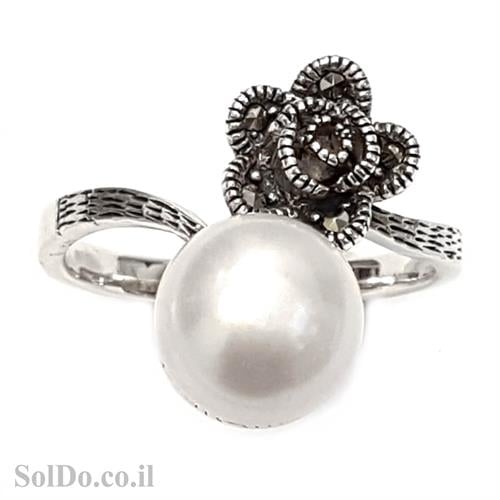 טבעת מכסף משובצת פנינה לבנה ומרקזטים RG1576 | תכשיטי כסף 925 | טבעות עם פנינה