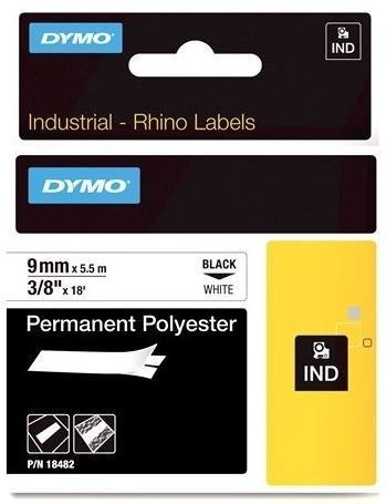 סרט סימון דבק חזק שחור על רקע לבן Dymo 18482 Permanent Polyester IND Tape 9mmx5.5m