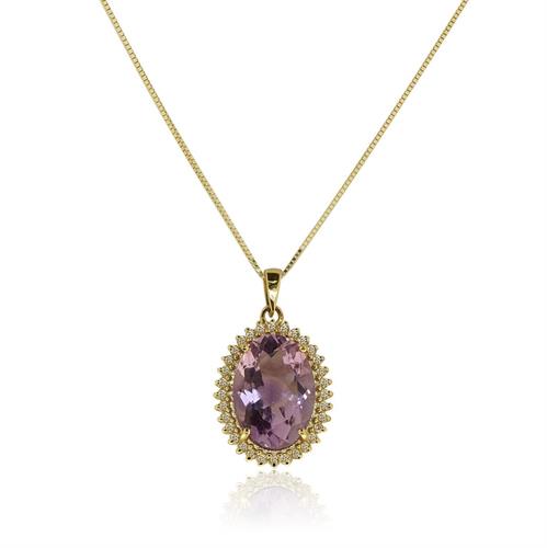 שרשרת זהב משובצת אבן חן אמטיסט ויהלומים 0.30 קראט בזהב 14 קרט