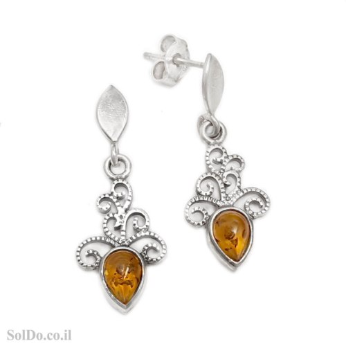 עגילים מכסף מעוצבים בשילוב ענבר בלטי אמיתי  צבע קוניאק A8930