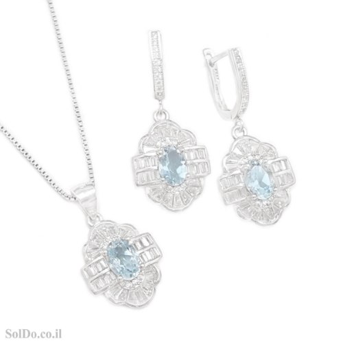 עגילים תלויים ותליון מכסף משובצים אבני טופז כחולה ואבני זרקון S1741
