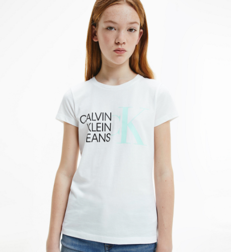 טישירט Calvin Klein לבנה עם לוגו טורקיז - 4-16 שנים