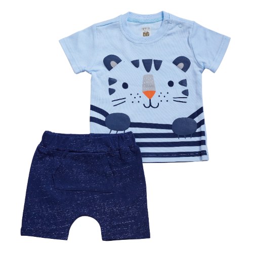 חליפה קצרה הדפס חתול + פסים תכלת בייבי