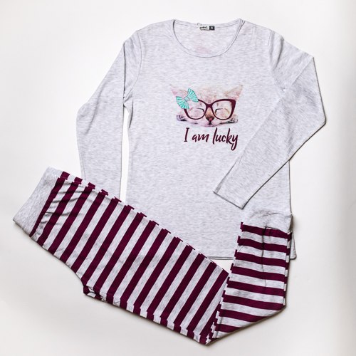 פיג'מת אינטרלוק  חתול מלאנג' בהיר נשים