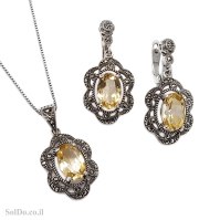 עגילים תלויים ותליון מכסף משובצים אבני סיטרין ומרקזטים S1706