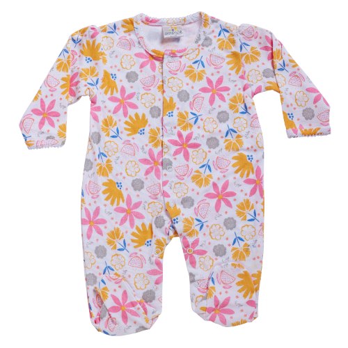 אוברול טריקו ארוך פרחים צבעוניים לבן - ורוד