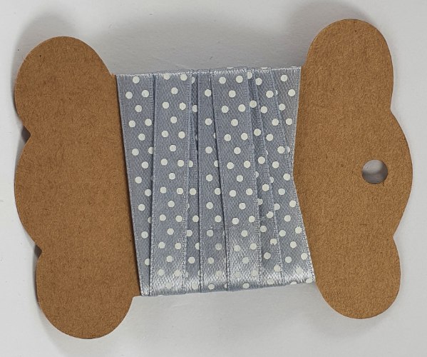 סרט סאטן 2 מטר - אפור נקודות לבן 1.5 ס"מ